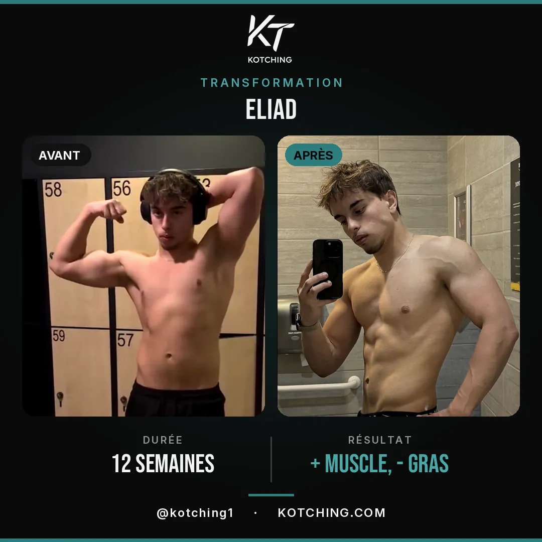 Transformation physique d'Eliad avec le coaching musculation KoTching : prise de muscle et perte de gras en 12 semaines
